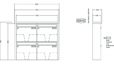RENZ Briefkastenanlage Aufputz, Tetro, Edelstahl V4A, Kastenformat 370x330x145mm, 4-teilig